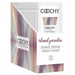 Coochy Island Paradise Shave Cream 24-foil display box with sample tube, anti-bump formula