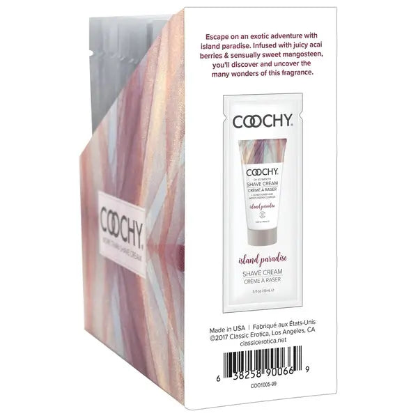 Coochy Island Paradise Shave Cream display box back panel showing acai berry scent description
