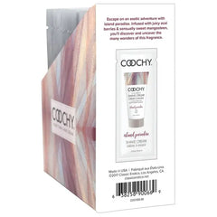 Coochy Island Paradise Shave Cream display box back panel showing acai berry scent description