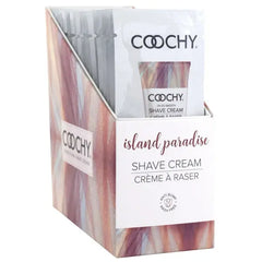 Coochy Island Paradise Shave Cream foil packet display, rash-free shave cream side angle view