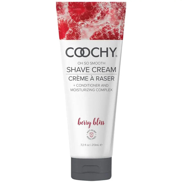 Coochy Oh So Smooth Shave Cream in Berry Bliss, 7.2 oz white tube with red berry cap