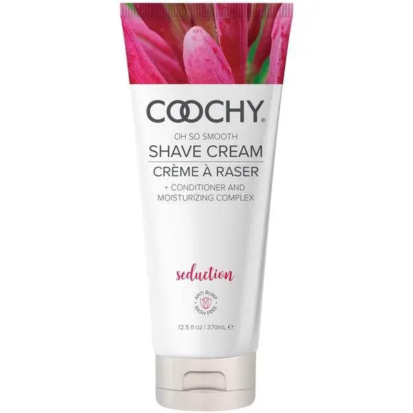Coochy Oh So Smooth Shave Cream in Seduction scent, 12.5 oz white tube with pink floral label