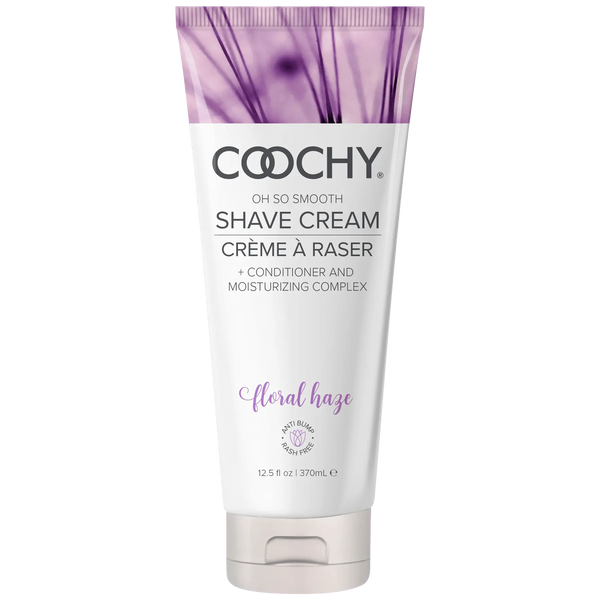 Coochy Shave Cream in Floral Haze scent, 12.5 oz white squeeze tube with purple floral cap