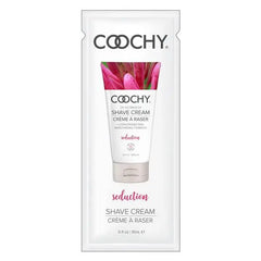 Coochy Shave Cream Seduction foil packet, .5 oz single-use sachet with floral tube graphic