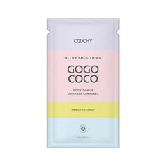 Coochy Ultra GoGo Coco body scrub foil packet in pastel pink, yellow, and blue, mango coconut scent