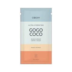Coochy Ultra Hydrating Gogo Coco Shave Cream packet in mango coconut, pastel blue peach tones