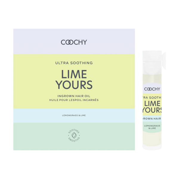 Coochy Ultra Lime Yours ingrown hair oil box and 2mL sample vial, lemongrass & lime scent