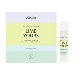 Coochy Ultra Lime Yours ingrown hair oil box and 2mL sample vial, lemongrass & lime scent
