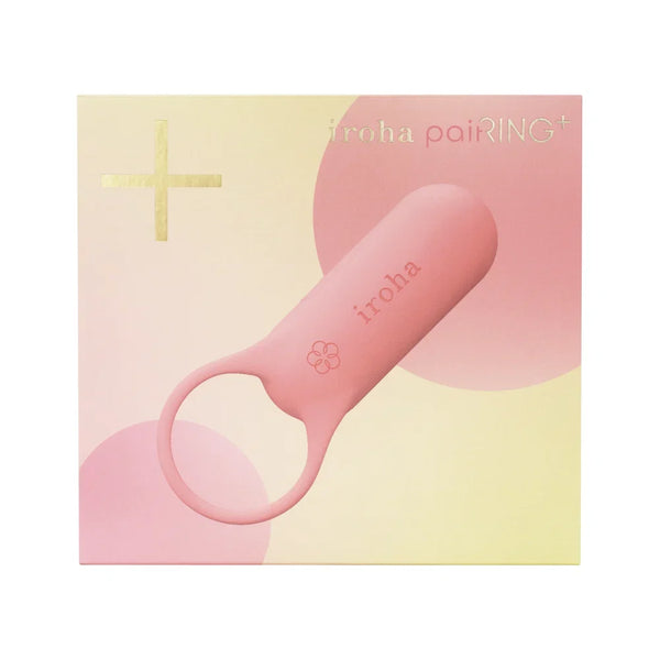 Coral pink iroha paiRING+ displayed in front of its pastel gold product packaging box