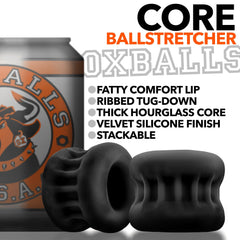 CORE ballstretcher feature callouts: fatty lip, ribbed tug-down, stackable silicone build