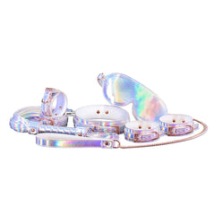 Cosmo Bondage 6 Piece Kit in rainbow holographic PU, including collar, cuffs, anklets, leash, and blindfold