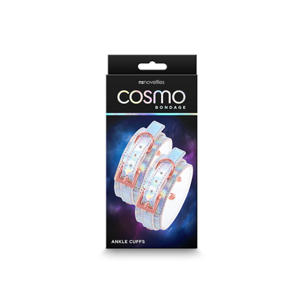 Cosmo Bondage ankle cuffs packaging showing rainbow holographic design on dark cosmic-themed box