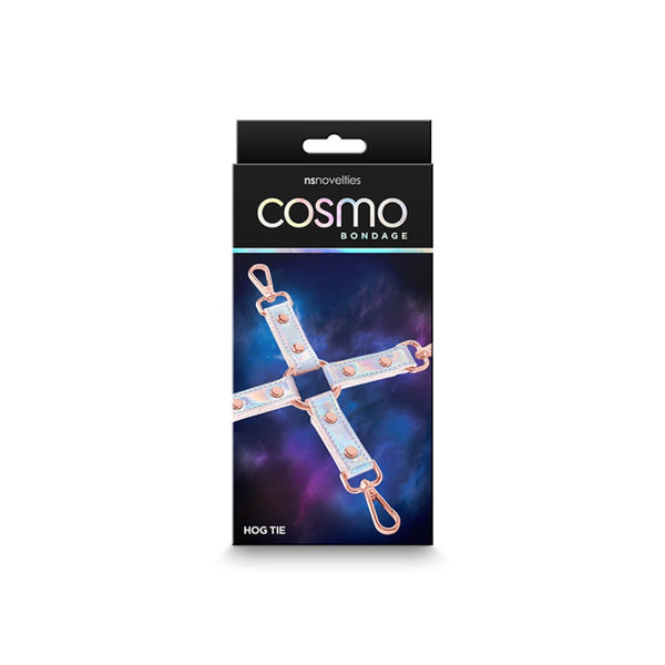 Cosmo Bondage Hog Tie packaging showing iridescent straps and rose gold clips on dark cosmic box