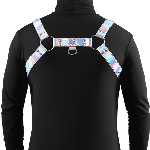 Cosmo Harness Dare L/X holographic straps and studded back panel shown on model, rear view