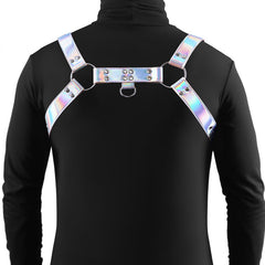 Cosmo Harness Dare L/X holographic straps and studded back panel shown on model, rear view