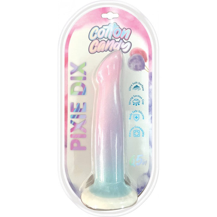 Cotton Candy Pixie Dix 6.5" dildo in pastel ombre silicone, shown in clear retail packaging