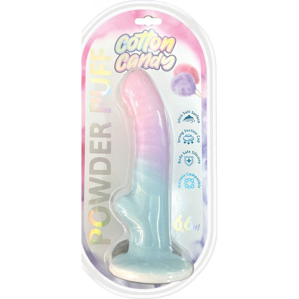 Cotton Candy Powder Puff 6.5" pastel-gradient silicone dildo in retail packaging