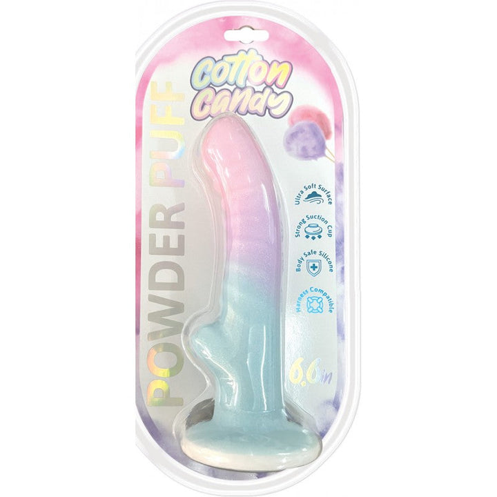 Cotton Candy Powder Puff 6.5" pastel-gradient silicone dildo in retail packaging