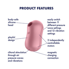 Cotton Candy product features diagram showing 11 pressure wave and 12 vibration settings
