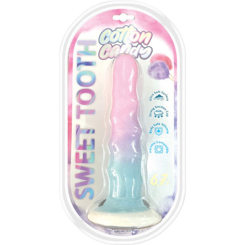 Cotton Candy Sweet Tooth 6.7" dildo in pink-to-blue ombre silicone, shown in retail packaging