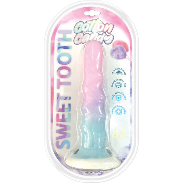 Cotton Candy Sweet Tooth 6.7" dildo in pink-to-blue ombre silicone, shown in retail packaging