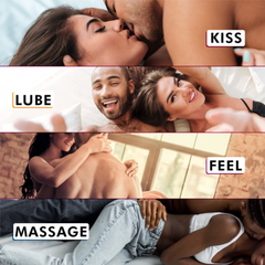Couples demonstrating four uses: kissing, lubrication, warming sensation, and massage