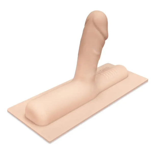 The Cowgirl Bronco Realistic Silicone Attachment in vanilla, shown upright on a flat base pad