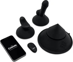 Cowgirl Cone complete kit laid flat with two attachments, remote, base, and paired smartphone app