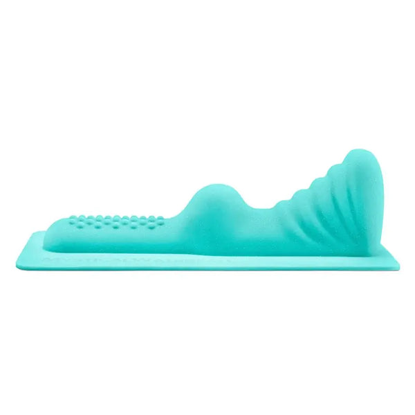 The Cowgirl Mystical Waterfall teal silicone stimulation attachment, side profile view