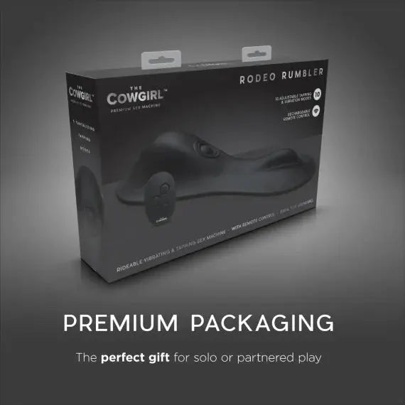 The Cowgirl Rodeo Rumbler premium packaging box in matte black with remote control