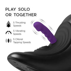 Cowgirl Saddle showing 5 thrusting, 5 vibrating, and 5 clitoral tapping speeds with purple attachment