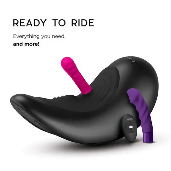 Cowgirl Saddle sex machine displayed with both pink and purple silicone attachments ready for use