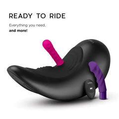 Cowgirl Saddle sex machine displayed with both pink and purple silicone attachments ready for use