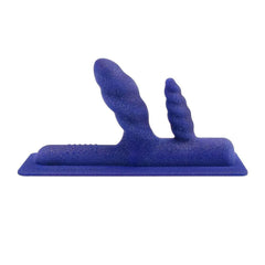 The Cowgirl Two-Nicorn double penetration attachment in deep blue sparkle silicone, side view