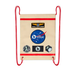 Cream drawstring backpack with b-Vibe Anal Explorer mission patches on front in NASA-inspired style
