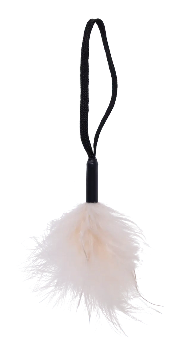 CreaMe Wrist Feather Tickler displayed full length, showing black wrist loop strap and handle