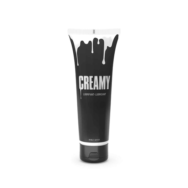 Creamy lubricant 250ml black squeeze tube with white drip design on white background