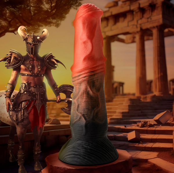 Creature Cocks Centaur Silicone Dildo in red-to-black gradient beside a fantasy warrior backdrop