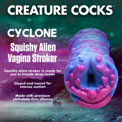 Creature Cocks Cyclone product info card highlighting closed-end tunnel and phthalate-free silicone