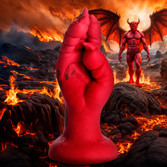 Creature Cocks Demon Claw red silicone fisting dildo against fiery hellscape backdrop