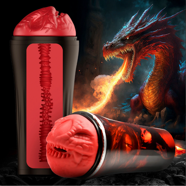 Creature Cocks Dragon Snatch Stroker in red silicone beside a fiery dragon fantasy backdrop