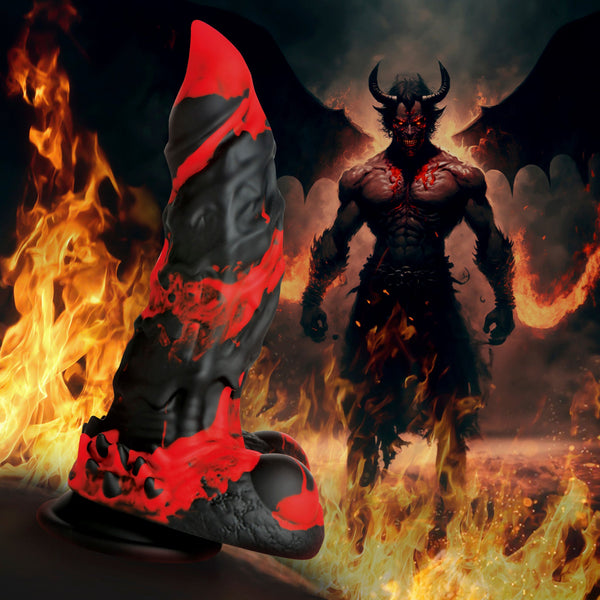 Creature Cocks Fire Demon silicone dildo in black and red beside a horned demon illustration