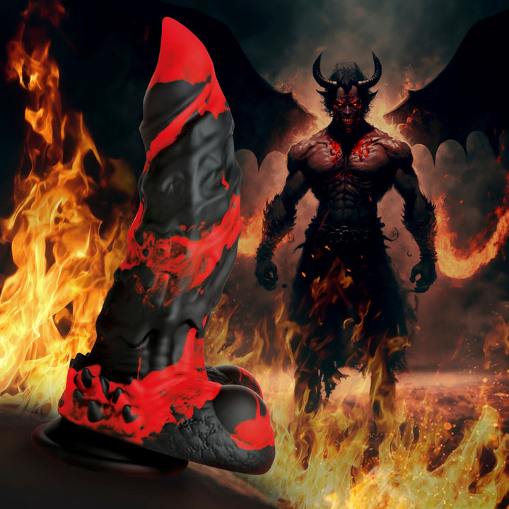 Creature Cocks Fire Demon silicone dildo in black and red beside a horned demon illustration