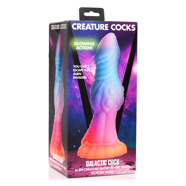Creature Cocks Galactic Cock dildo shown inside its retail box with space-themed packaging art