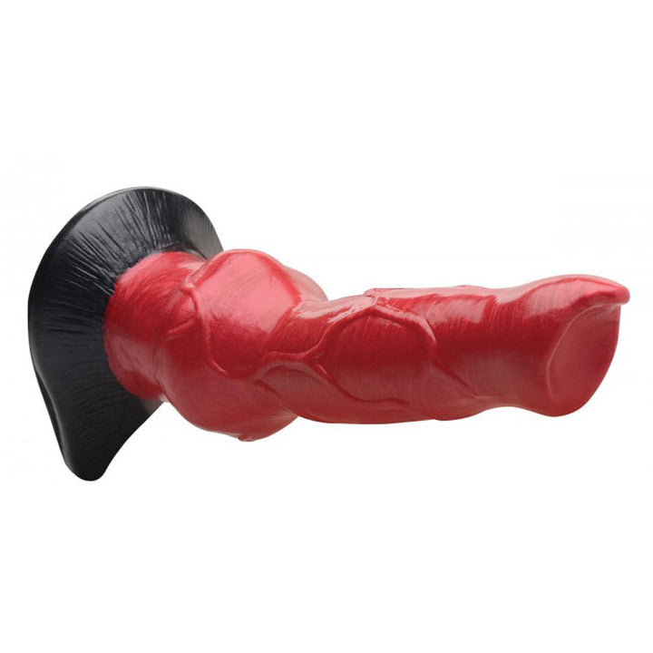 Creature Cocks Hell-Hound silicone dildo in red with black suction cup base, side view