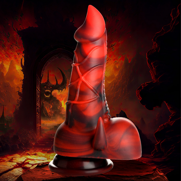 Creature Cocks Horny Devil demon silicone dildo in red and black swirl with hellscape backdrop