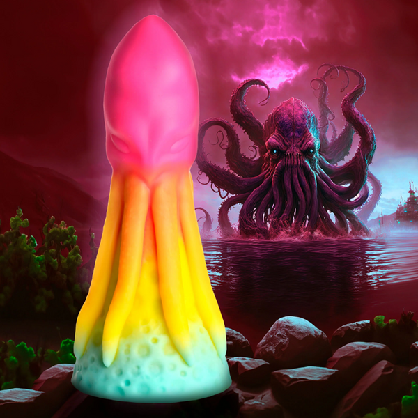 Creature Cocks King Kraken silicone dildo in rainbow gradient with Kraken scene backdrop