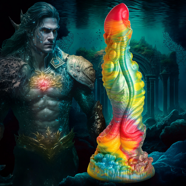 Creature Cocks Majestic Merman Silicone Dildo with fantasy ocean warrior background