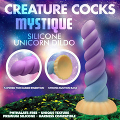 Creature Cocks Mystique packaging detail highlighting tapered tip and suction cup base