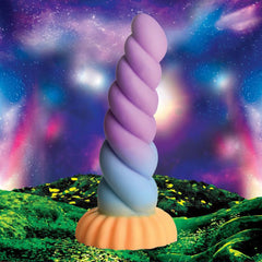 Creature Cocks Mystique unicorn dildo with spiral twist design against galaxy backdrop